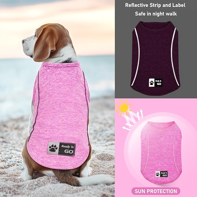 KYEESE 2Pack Reflective Dog Shirt, Lightweight Sun Protection Dog T Shirts for Small Medium Dogs, Breathable Sleeveless Tank Top Summer Dogs Clothes for Night Walking Outdoor, Lake Blue+Rose Red, XL