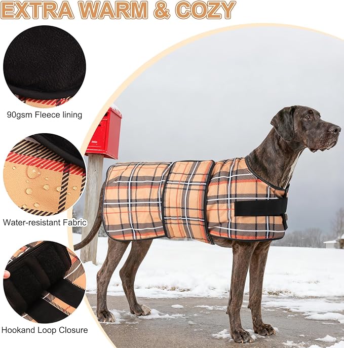 BEAUTYZOO Dog Winter Coat for Large Dogs Waterproof, Warm Reflective Great Dane Oxford Canvas Jacket, Fleece Dog Cold Weather Coats Windproof for Female Male Dogs, Khaki Plaid L