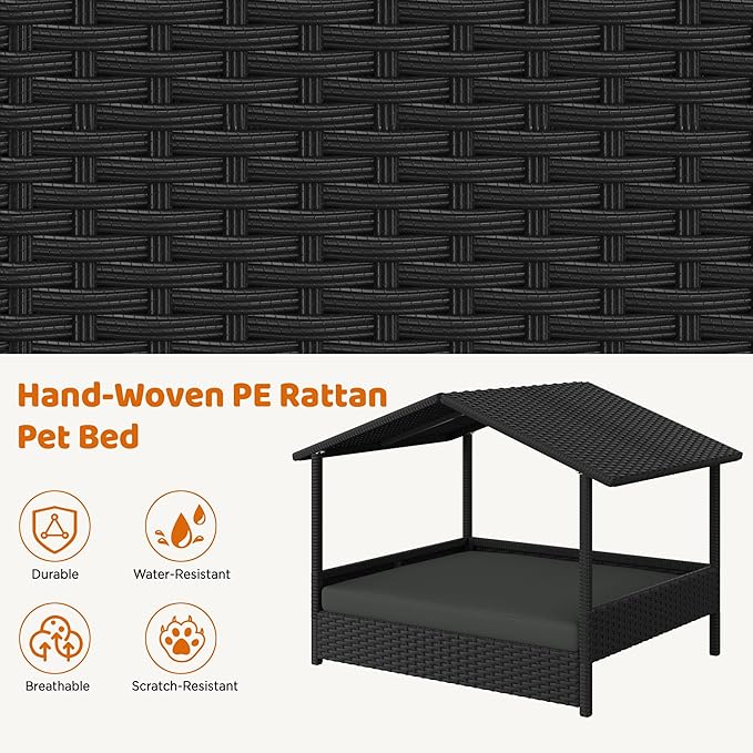 Yaheetech Wicker Dog House Outdoor Indoor with Canopy, Elevated Dog Shelter Dog Bed with Cushion for Small/Medium Dogs, Shade for Deck, Patio, Yard, Pool, Black House, Gray Cushion