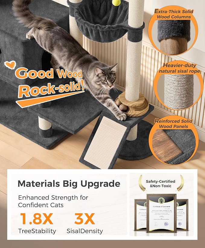 Catlike Rock-Solid 76" Tall Cat Tree Tower for Indoor Cats Large Adult, Heavy Duty Multi-Level Large Cat Tree with Sisal Scratching Posts, Perches, Cat Condos, Hammock Baskets, Cat Tower Charcoal Grey