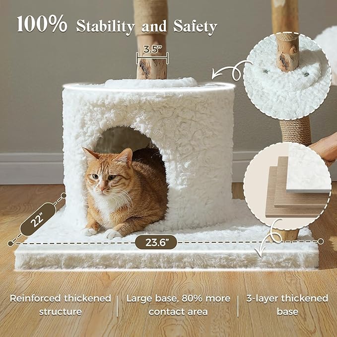 Cat Tree for Indoor Cats Large Adults, 59 Inches Modern Cat Tower with Large Basket and Hammock, Natural Solid Wood, Luxury Condo & Dual Perches, Modern Cat Furniture for Big Cats, White