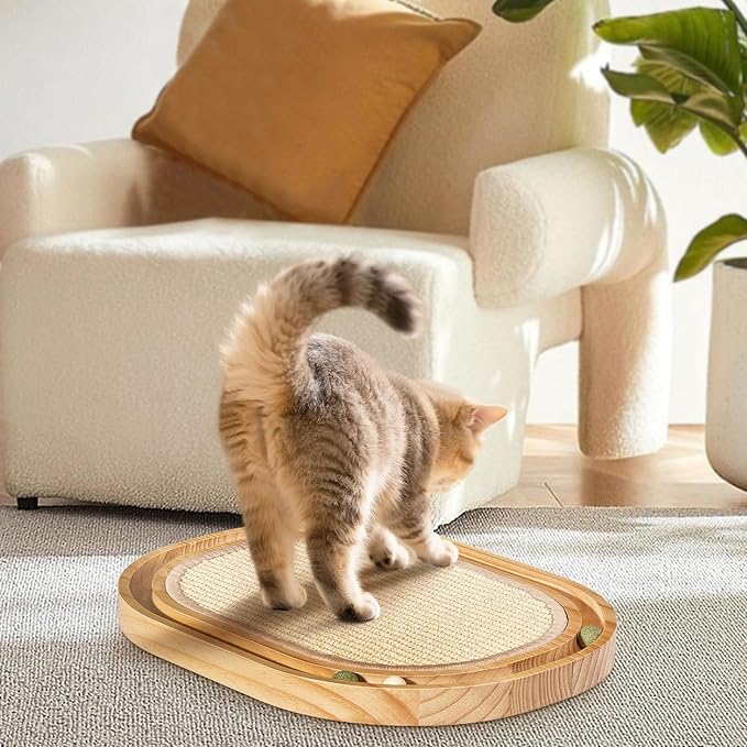 Oval Sisal Cat Scratcher with Ball Track - Woven Sisal Scratching Pad & Interactive Cat Toy, Wooden Track with 3 Toy Balls for Indoor Cats, No Assembly Needed