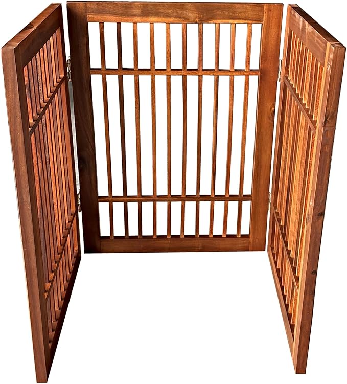 Urnporium Pet Dog Gate Freestanding, Strong Durable Folding Wooden Fence, Portable Acacia Hardwood Safety Barrier for Indoor & Outdoor Use (Brown Pet Gate, 3 Panel 24" Tall)