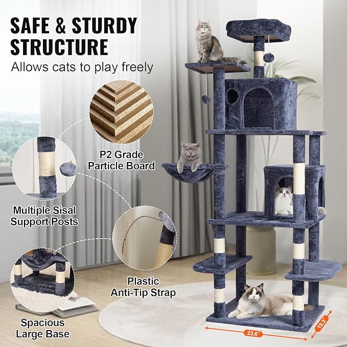 Happybuy Cat Tree for Indoor Cats, 68.5" Cat Tower with 2 Cat Condos, Sisal Scratching Post, Hammock, Top Perch, Jumping Platforms, Large Cat Furniture Activity Center with Hang Ball, Dark Grey
