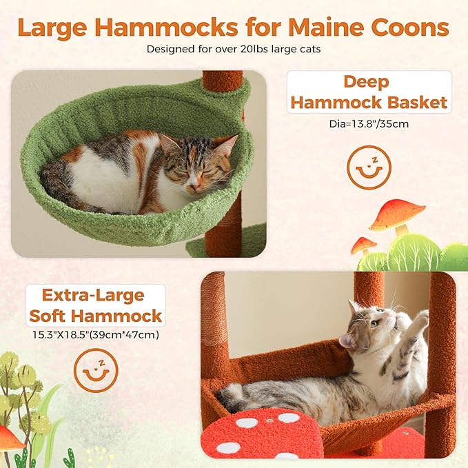 PETEPELA 69" Mushroom Cat Tree for Indoor Large Cats, Tall Cat Tower for Adult Cats with Big Hammock, Cat Climbing Tree Tower with Scratching Posts, Condo House and Large Top Perch, Brown
