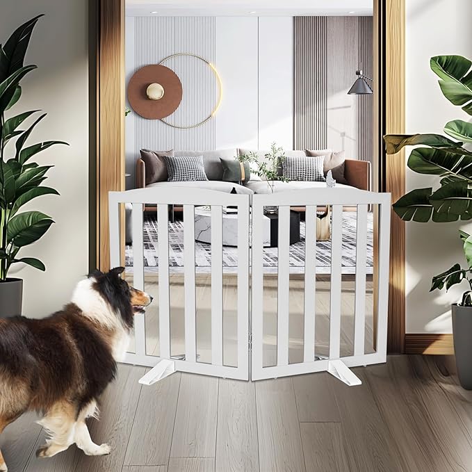 ZJSF Foldable Freestanding Indoor Dog Gate for House Wood Long Pet Gates Dog Fence for Stairs Puppy Gates for Hallways, Puppy Gate,Support Feet Included, Grey, 24 "Height-2 Panels