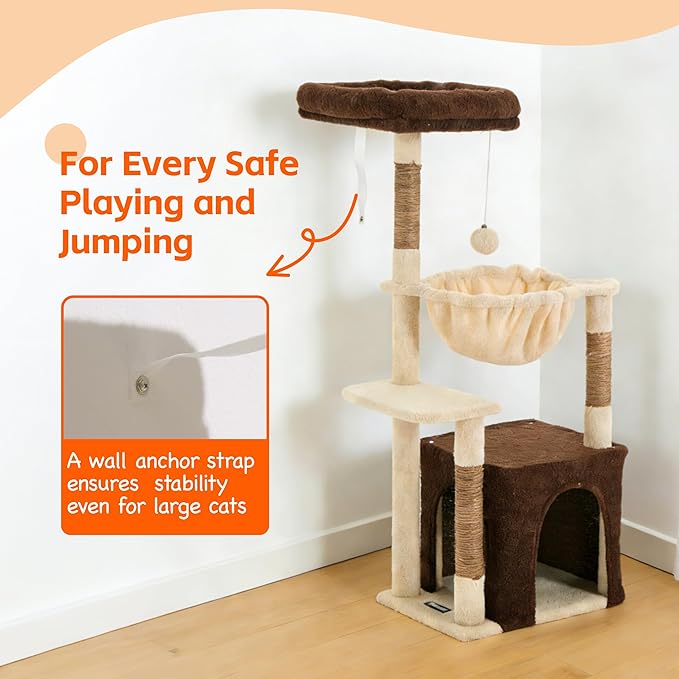 Cat Tree for Indoor Cats, 39.8-inch Cat Tower with 2 Plush Perches for Play & Rest, 1 Cozy Hideaway, Dangling Toy & Full Sisal Scratching Posts for Indoor Cats, Brown