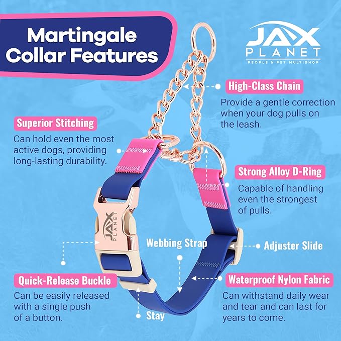 Jelly Waterproof Martingale Dog Collar, No Pull Nylon Collar with Alloy Metal Buckle & D-Ring for Outdoor Training and Walking, Anti Pull, Escape Free, One Time Adjustment - Blue & Rose, L