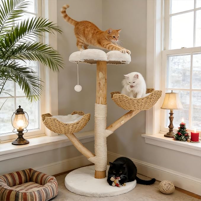 Bingopaw Modern Cat Tree Tower: 44Inch Large Cats Tree with Rattan Basket and Sturdy Base - Wooden Cat Tree with Scratching Post and Flower Shape Platform