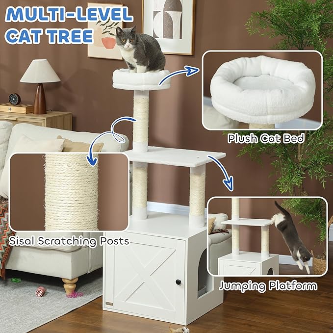 PawHut Cat Tree with Litter Box Enclosure, 2-in-1 Cat Tower with Bed, Climbing Platforms, Scratching Posts, Modern Pet Furniture for Indoor Kittens, White