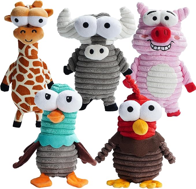 Nocciola 5-Pack Squeaky Dog Toys, Durable Stuffed Critter Zoo Dog Toys with Unique Squeak Sounds to Keep Dogs Busy, Puppy Toys for Small, Medium, and Large Dogs