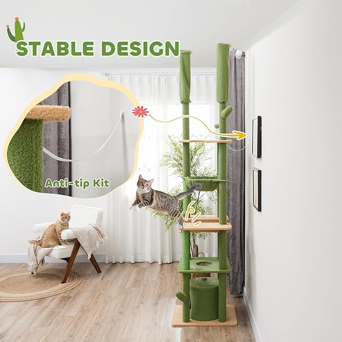 PawHut Floor to Ceiling Cat Tree, 89"-100" Adjustable Height Cactus Cat Climbing Tower for Indoor Cats with Grooming Brush Post, Cat Condo, Hammock, Sisal Scratching Posts, Green
