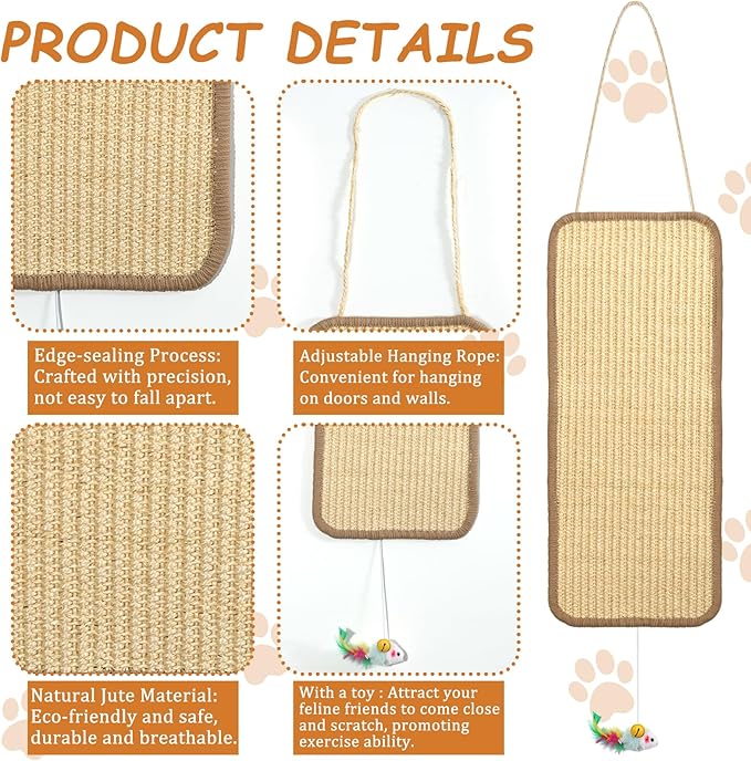3 Pcs Sisal Door Cat Scratching Mat,7.9"x19.6" Cat Scratching Pad with a Mouse Play Toy-Wall Floor Mount-Double Use Hanging Scratcher with Hemp Rope for Protector Sofa,Wall,Furniture,Floor and Door
