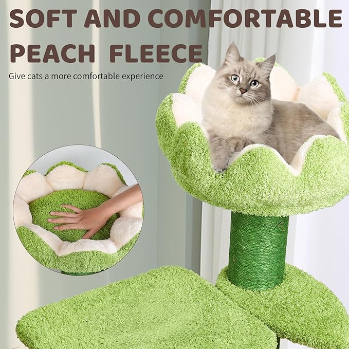 Zamaya Flower Cat Tree for Indoor Cats Large Adult,Easy to Assemble, Modern Cat Tower with Soft Cat Cave with a Window,Sisal Scratching Posts,Dangling Toy,(25.9" H) Green