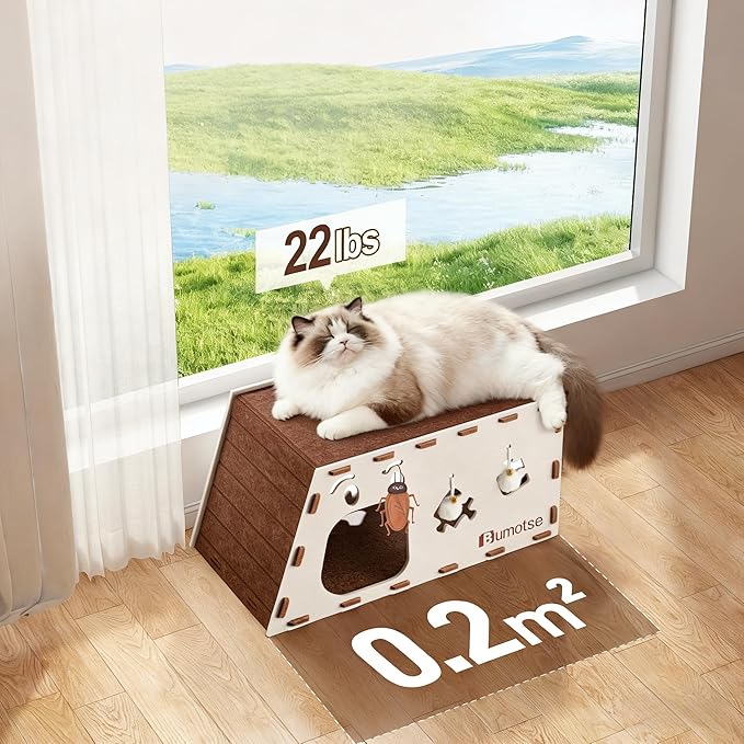 Felt Cat Cave House for Indoor Cats with Catnip Toy, Large Cat Bed Tunnel for Scratching Play, No-Tool Assemble Warm Silent Cat House for Large Cats Up to 22lb, Durable and Washable, Cream