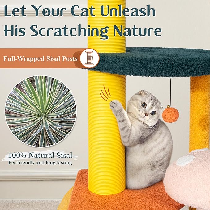 NUNU LAB Mushroom Cat Tree, Multi-Level Cat Tower, Mushroom Cat Scratching Post, Cute Cat Tower, with Cat Scratching Post, Cat Bed & Interactive Balls, for Indoor Cats (D-068, 26.8 * 22.8 * 53.4)
