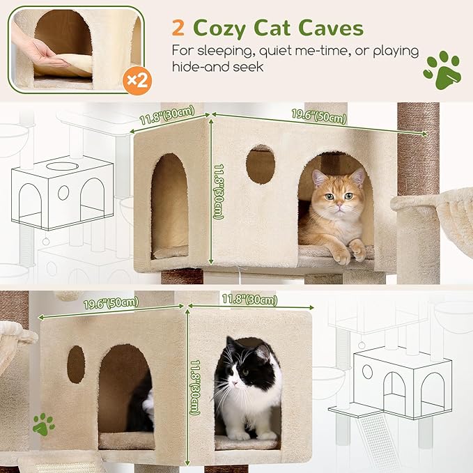 Globlazer Large Cat Tree, 72 inch Tall Cat Climbing Tower for Indoor Large Adult Cats Multi-Level Furniture Tree House with 2 Cozy Perches, 2 Padded Condos, 5 Sisal Scratching Posts, F72G, Beige