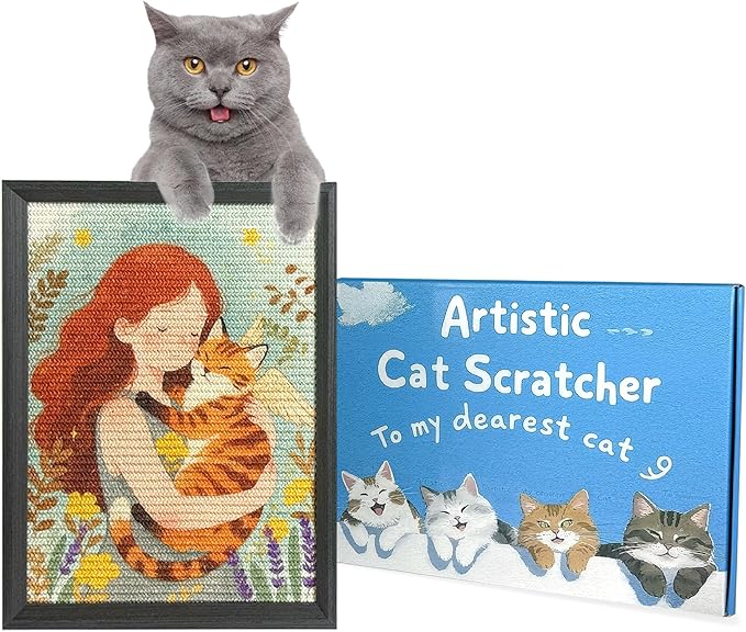 Art Cat Scratcher, Wall Mounted Sisal Cat Scratcher for Indoor Cats 17.01x13.1x1.18 Inches, Furniture Protector, Cat Scratch Rug, Decorative Cat Wall,Easy Install,No Drilling
