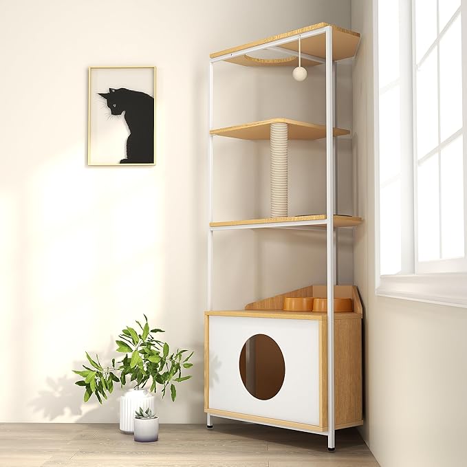 Modern Cat Tree Furniture for Indoor Cats Multi-Level Cat Tower with Scratching Post, Cat Condo, Feeding Station & Corner-Saving Design Stylish Wood & Metal Pet Furniture for Home Decor