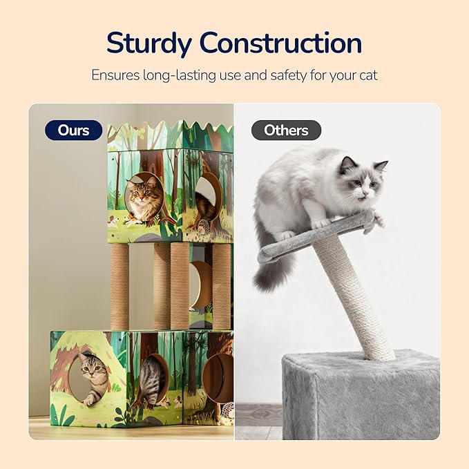 DIY Cardboard Cat House with Scratching Posts, Scratching Board, Multi-Level Cat Tower Playhouse & Tunnel for Kittens & Adult Cats, Recyclable 61.02″ × 36.61″ × 40.2″, Green Forest