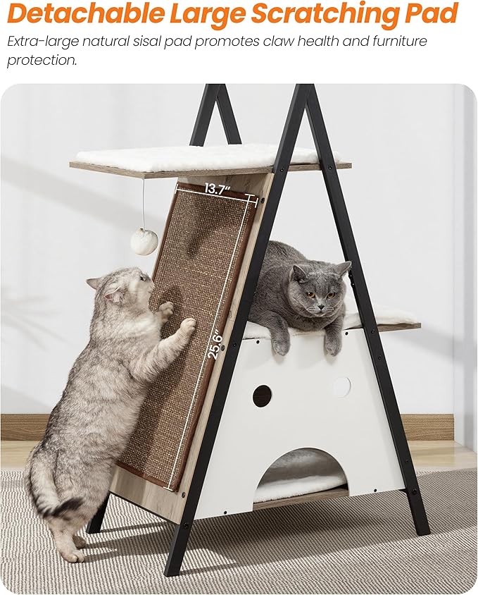 Modern Wood Cat Tree Tower for Indoor Cats Large Adult - 67 Inch Tall Multi-Level Heavy Duty Cat Condo Trees Furniture with Caves Perch Bed Scratching Board -XL Big Wooden Kitty House