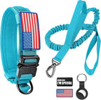 Tactical Dog Collar and Bungee Leash,Military Dog Collar & Leash Set with USA American Flag Adjustable K9 Collar with Heavy Duty Metal Buckle & Handle,with Patches and Airtags Case (Light Blue, XL)