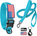 Tactical Dog Collar and Bungee Leash,Military Dog Collar & Leash Set with USA American Flag Adjustable K9 Collar with Heavy Duty Metal Buckle & Handle,with Patches and Airtags Case (Light Blue, L)