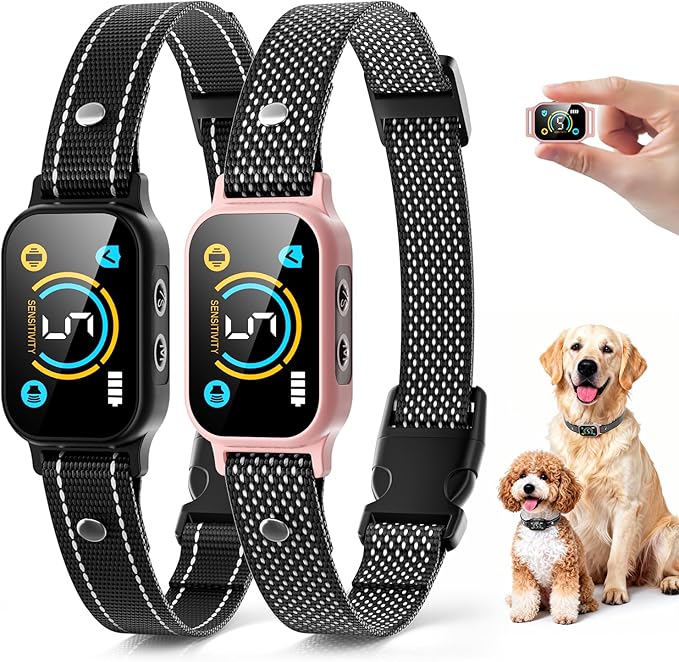 2 Pack Bark Collar, Smart Dog Bark Collar for Large Medium Small Dogs, Rechargeable Ultra-Light Training Collar with Beep Vibration, Anti Barking Device with 5-Level Sensitivity (Pink)