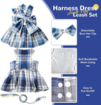 PETCARE Cute Dog Dress Clothes for Small Dogs Cats Girl Female Blue Plaid Bow Tie Dog Harness Dresses Leash Set with Pearls Bow Accessories Birthday Puppy Dress Shih Tzu Yorkies Chihuahua Outfits