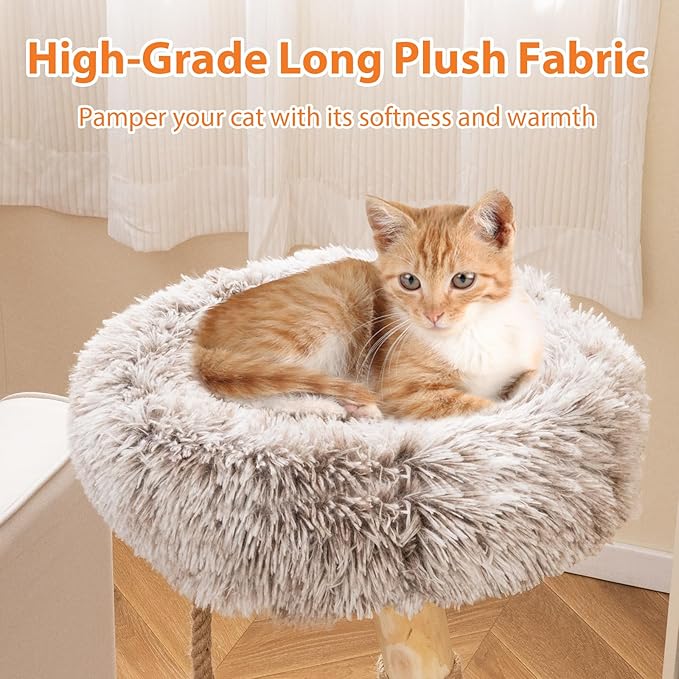 PETSITE 35.5-inch Wood Cat Tree, Multi-Level Real Pear Wood Modern Cat Tower with Jute Scratching Posts, Jute Rope, Cozy Top Perch, Jumping Platform, Soft Long Plush Covered