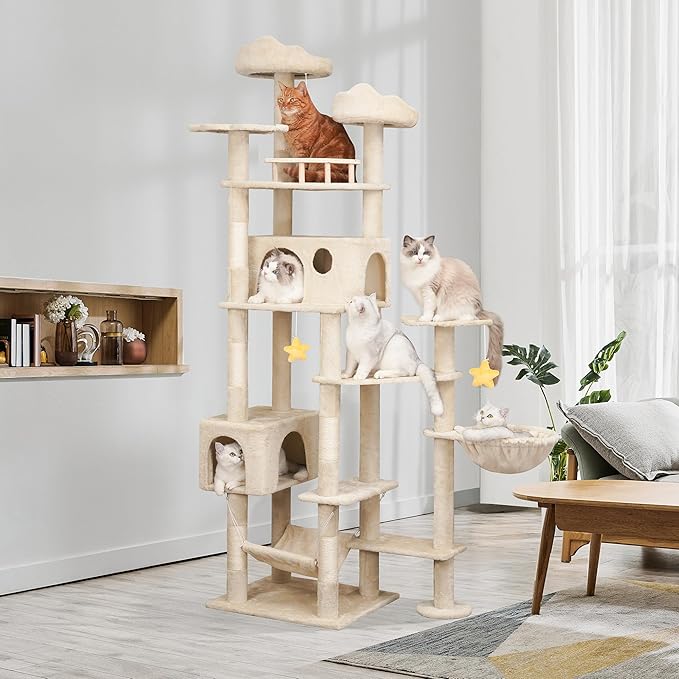 79inch Heavy Duty Cat Tree for Indoor Cats Large Adult, Tall Giant Cat Tower with Scratching Post, Large Perches, Cozy Cat Condos & Hanging Hammocks, Beige
