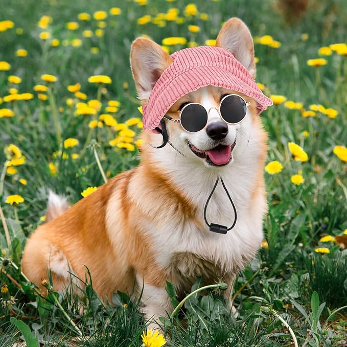 Jadive Medium Dog Sun Hat with Ear Holes, Dog Cat Sunglasses with Anti-Slip Silicone Rope Baseball Cap Adjustable Puppy Sunbonnet Headdress Beach Visor Hat for Puppies Summer Outdoor (Pink)
