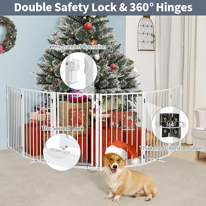Metal Freestanding Dog Gates with Door for Outdoor Indoor,120'' Extra Wide 36'' Tall Free Standing Dog Gate for Doorways,Large Openings,Deck,Yard,Porch,Foldable Pet Fence(White,6 Panels)
