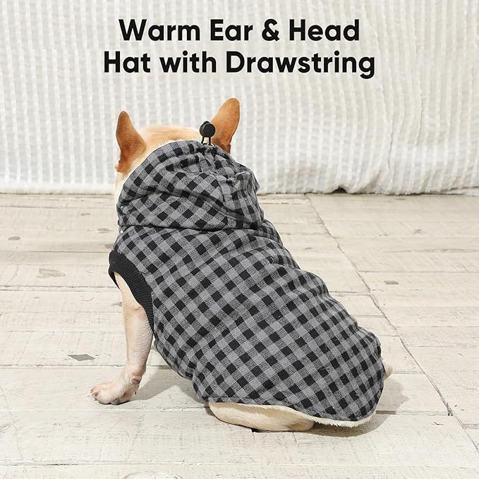 Fleece Lining Dog Hoodie for Small Dogs Extra Warm Plaid Sweater with Drawstring Hooded Coats in Winter Puppy Jacket,Black XS