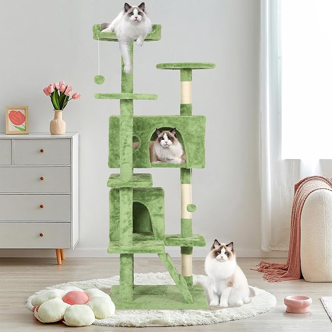 70" Multi-Level Cat Tree Tower with Scratching Posts, Toys & Condo - Space-Saving Design for Indoor Kittens, Compact Floor Footprint & Vertical Space for Multi-Cat Homes-Green