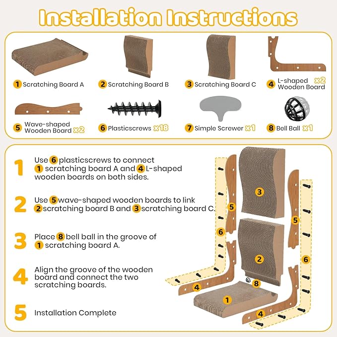 Happy & Polly L Shape Cat Scratcher - 25.8 Inch Vertical Cat Scratching Board with Ball Toy for Indoor Cats - Cardboard Cat Scratch Pad Protecting Furniture