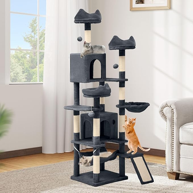 DWVO 75 in Multi-Level Cat Tower: Tall Cats Tree for Indoor Kittens, Pet Furniture with Kitty Condos, Top Perches, Sisal Ramp Scratching Posts, Cozy Basket, Hammocks, Dark Gray
