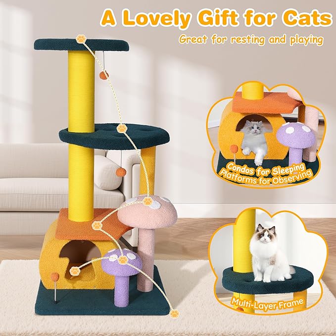 KAMABOKO Mushroom Cat Tree, Cute Cat Tower with Full-Wrapped Sisal Posts, Scratching Boards & Interactive Balls, Multi-Level Cat Activity Tree