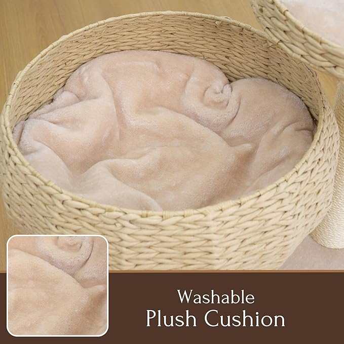 PetPals 23" High Handwoven Recycled Paper Rope Baskets Bed and Perch, Sisal Scratching Post, Playful Teaser Toy, Washable Cushion, for Indoor Cats (Beige)