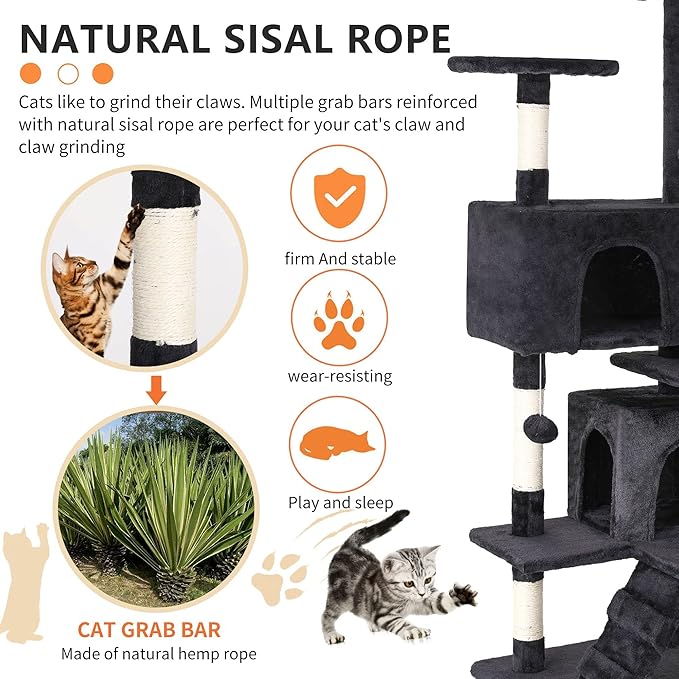 70 Inch Cat Tree for Indoor Cats - Multi-Level Tower With Scratching Post, Condo, Plush Perch, Dangling Ball - Heavy Duty for Large Cats, Ashy