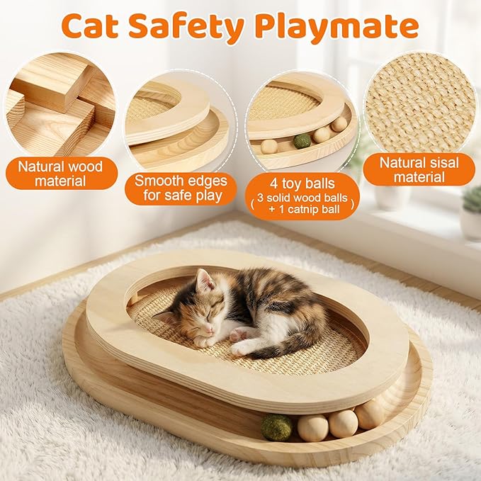 Cat Scratcher, Natural Sisal Cat Scratcher Pad & Interactive Kitten Toy with Ball Track and Catnip Ball for Indoor Chasing, Hunting, Mental and Physical Exercise, Puzzle for Small Cats