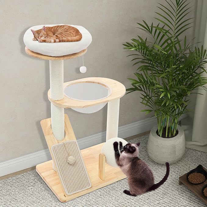 Multifunctional Cat Tree, Wooden Cat Tower with Scratching Post, Pad, Rolling Ball, Space Capsule, Perche Indoor Activity Center for Kitten