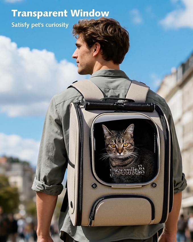 Pecute Cat Backpack Carrier Expandable, Large Space Cat Bubble Backpack, Breathable Cat Carrier, Shaded Dog Backpack Carrier for Travel, Hiking, Vet,12.6" L x 10.2" W x 16.5" H, Khaki