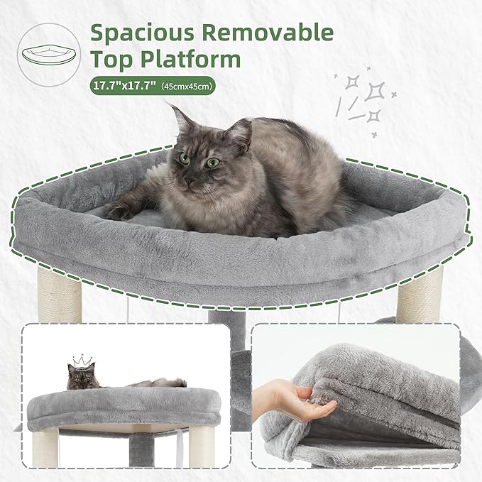 Corner Cat Tree for Indoor Cats, Cat Tower with All Sisal Scratching Posts, Multi-Level Cat Condo wth 2 Large Cat Caves, Big Top Perch, 2 Hanging Baskets, Sisal Ramp, Light Gray GCT035W