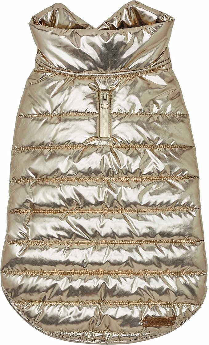 Blueberry Pet Cozy Windproof Puffer Jacket – Glossy Gold Winter Coat for Medium-Sized Dogs, Size 14 (15.75" Back Length), Easy On/Off Design with Leash Hole, Stylish Outdoor Accessories