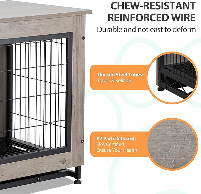 Shintenchi Dog Crate Furniture, Double-Doors Kennel Indoor with Removable Tray, End Table Dog House for Small Medium Breed, 32.5" L, Grey
