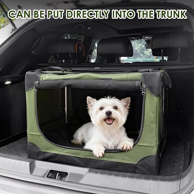 Soft Small Dog Crate - 24 inch Portable Travel Puppy Crate for Small Pets or 2 Cats, Collapsible Pet Carrier with 4 Mesh Doors, Car Kennel for Dogs with Handle for Indoor and Outdoor, Green