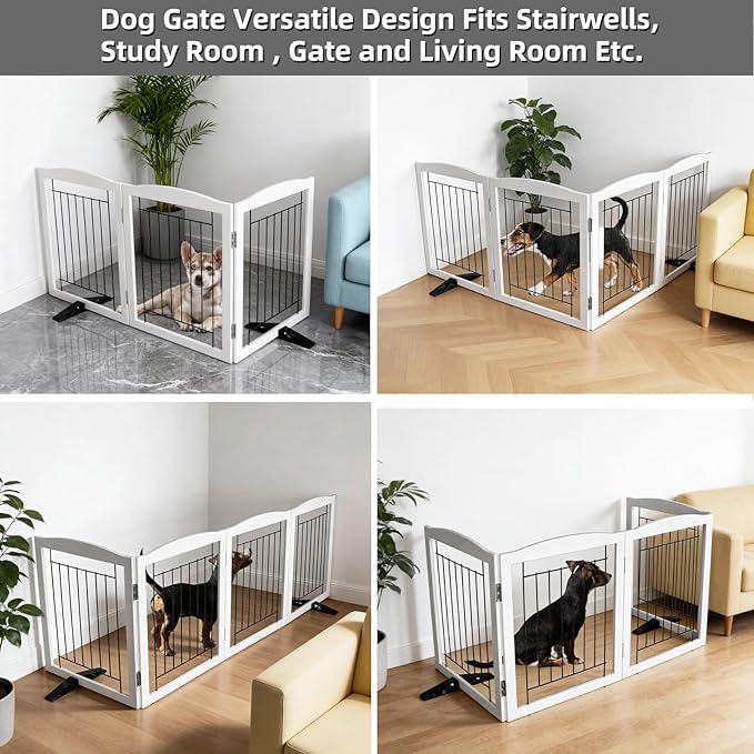 Dog Fence Indoor,Dog Gate Indoor for Doorway pet gate -3-Panel Freestanding, Hallways, House or Stairs -60x32-Inch Retractable Foldable Expandable Wood Pet by SFJC (White) ﻿