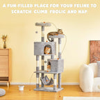 Cat Tree for Indoor Cats - 63in Multi-Level Large Cat Tower with 2 Big Cat Condos, 2 Padded Perches, Hammock, 6 Sisal-Covered Scratching Post and Toys for Kittens Pet Play House, Light Grey