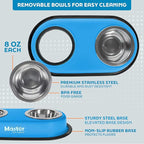 Master Pet Supply Double Dog Bowls Set with Elevated Base and 2 (8 oz) Stainless Steel Removable Dishes (True Blue) – Double Cat Food Water Bowl, Dog Puppy Food Bowl Set, Rust Resistant